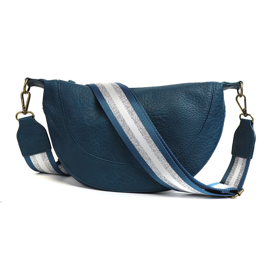 Teal Vegan Leather Half Moon Bag with Striped Strap by Peace of